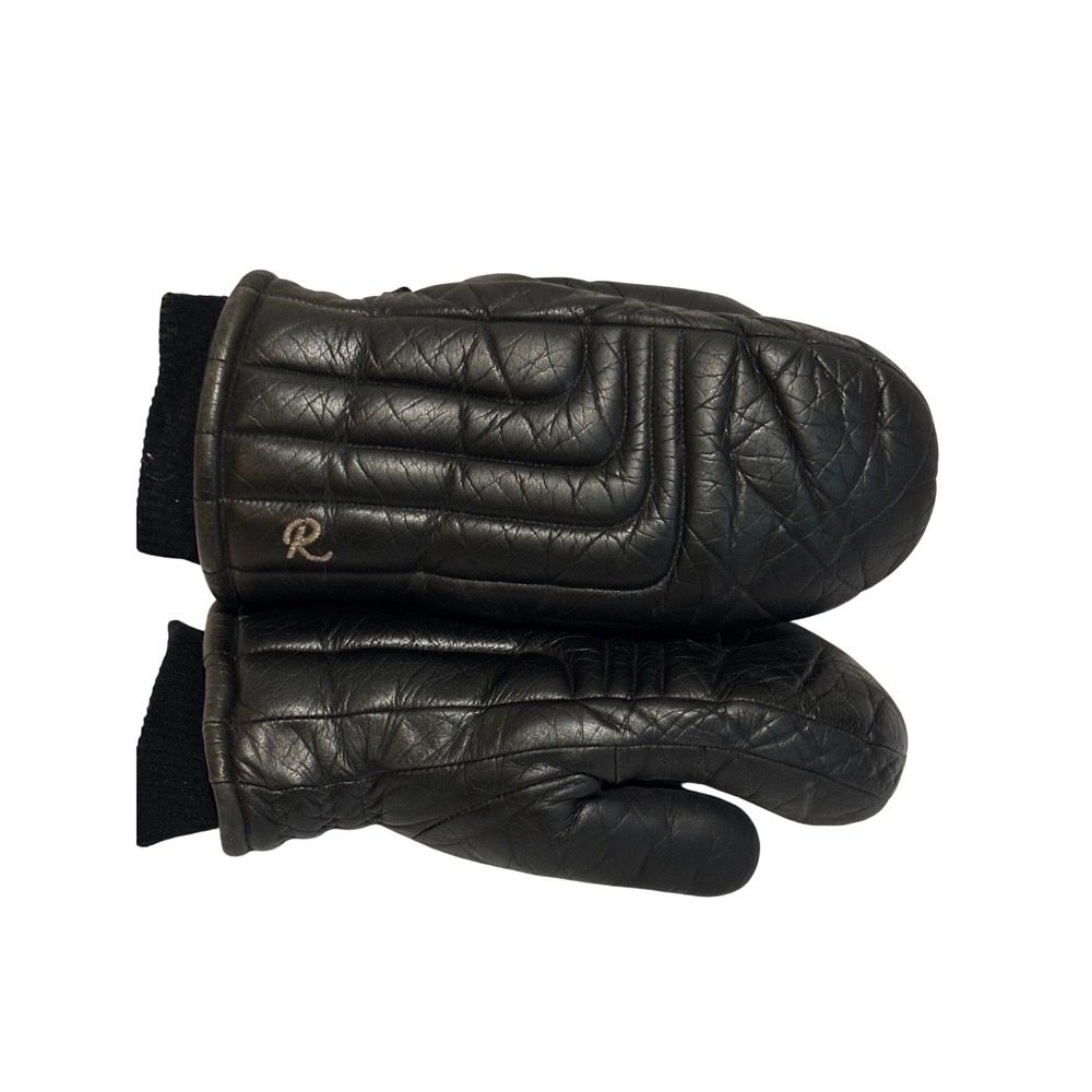 Roffe Vintage Black Leather Quilted Ski Mittens Ladies Sz L Japan retro warm 70s